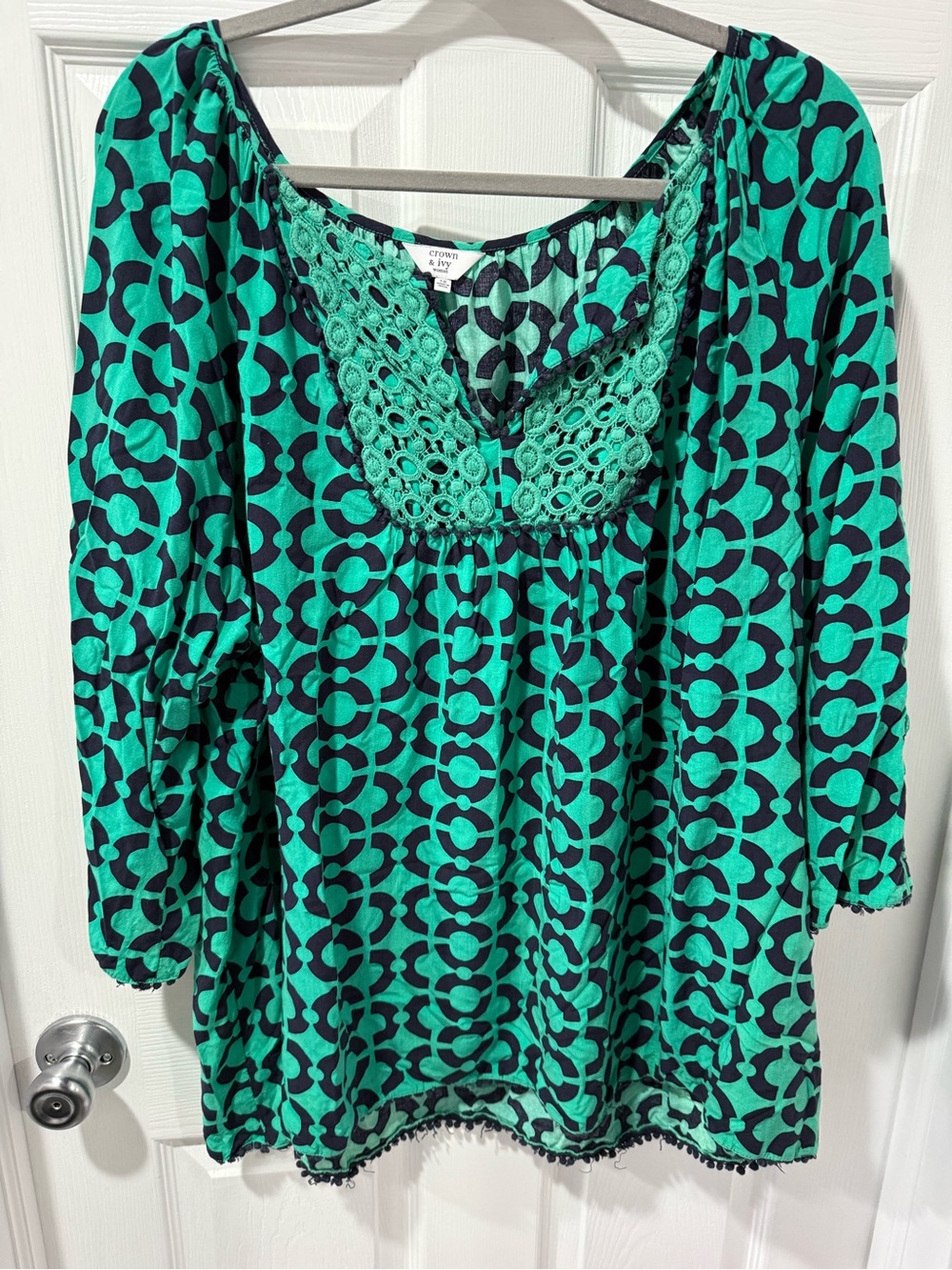 Candie's Green Patterned Crochet-Trim Peasant Top